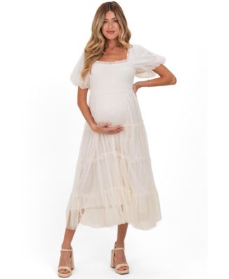 Maternity CreamTulle Puff Sleeve Smocked Midi Dress