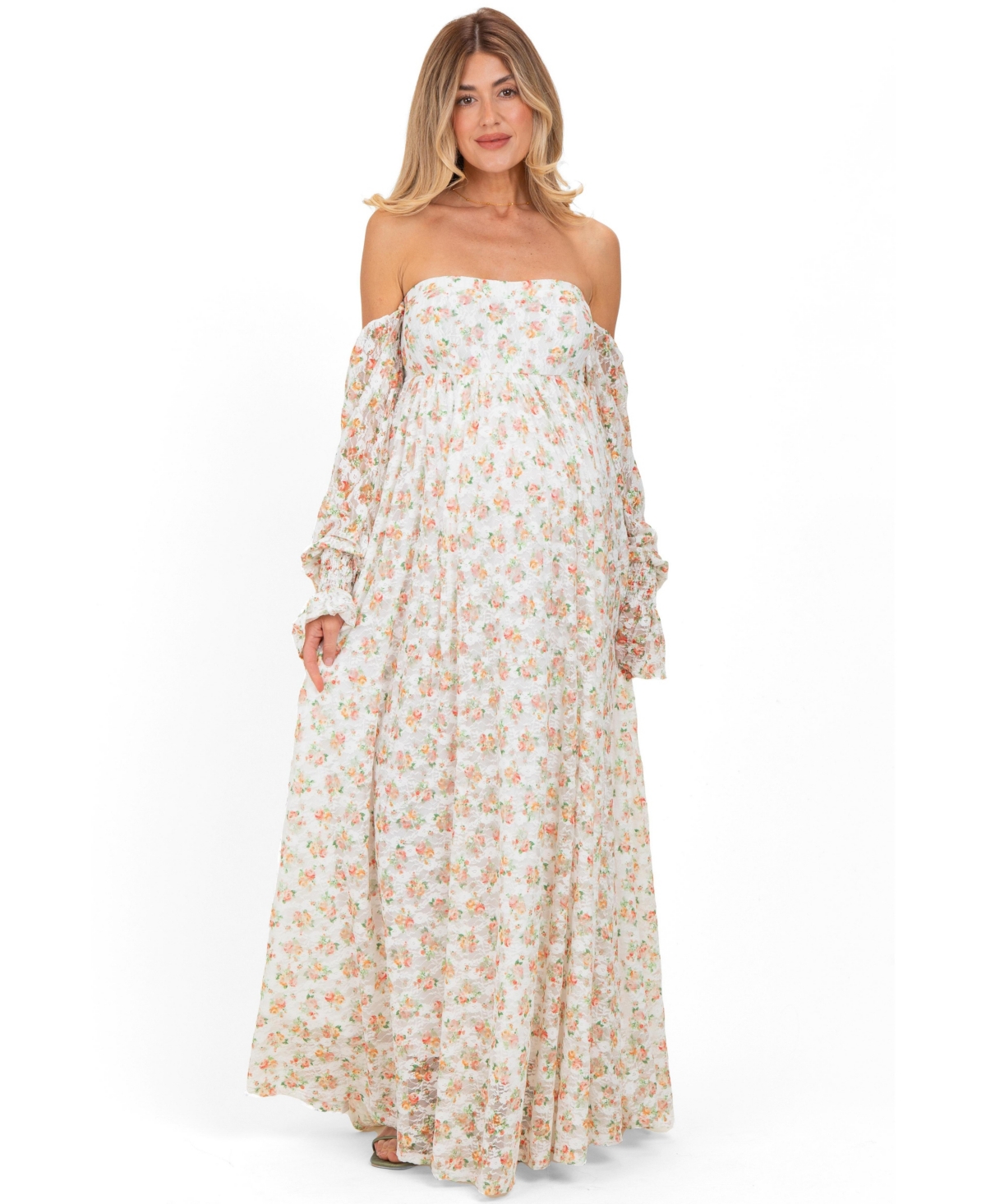 Pinkblush Maternity Orange Floral Lace Smocked Long Sleeve Off Shoulder Maxi Dress