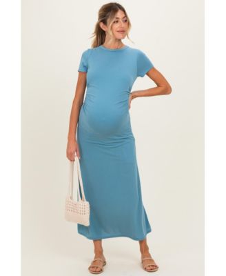Women's Blue Short Sleeve Ruched Midi Dress