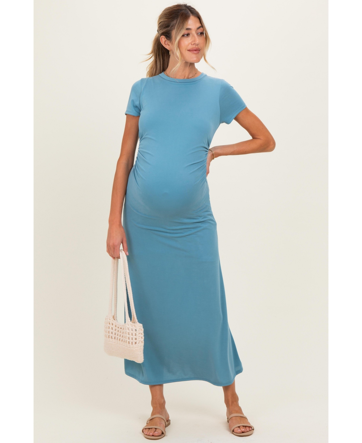 Pinkblush Maternity Blue Short Sleeve Ruched Midi Dress