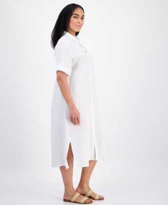 plus size white shirt dress with collar Plus Size Party Casual Lace White Shirt Collar Short Sleeve Contrast Button  Tencel Denim Midi Dresses