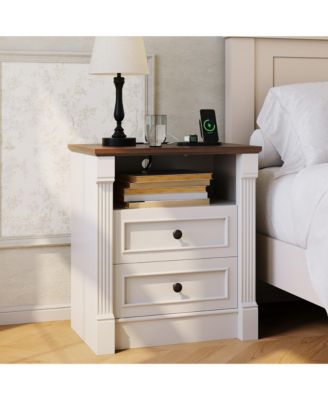 23.6" Wide Farmhouse Nightstand with Charging Station and 2 Drawers, Rustic Wood Bedside Table, End Table for Bedroom Living Room