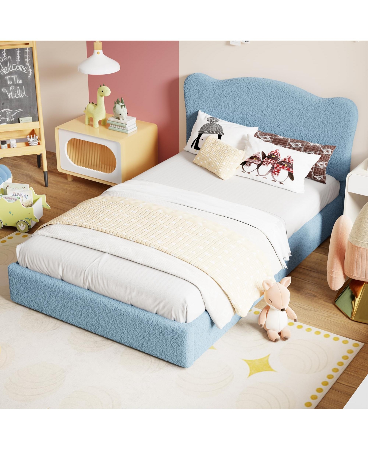 homfan Kids Upholstered Bed Frame with 2 Drawers, Twin/Full Platform Bed with Padded Headboard, Wood Slats