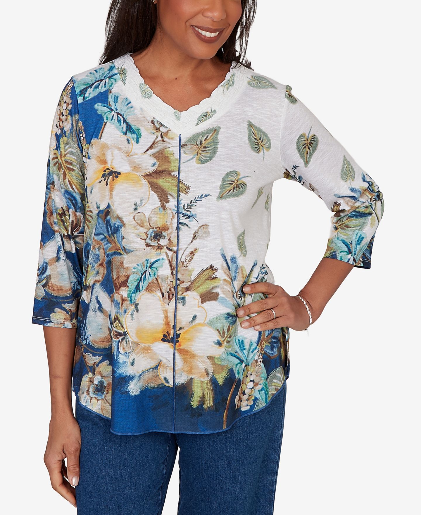 Женский топ Alfred Dunner Petite Placed Texture Floral Knit, цвет: Синий разноцветный — фото 1