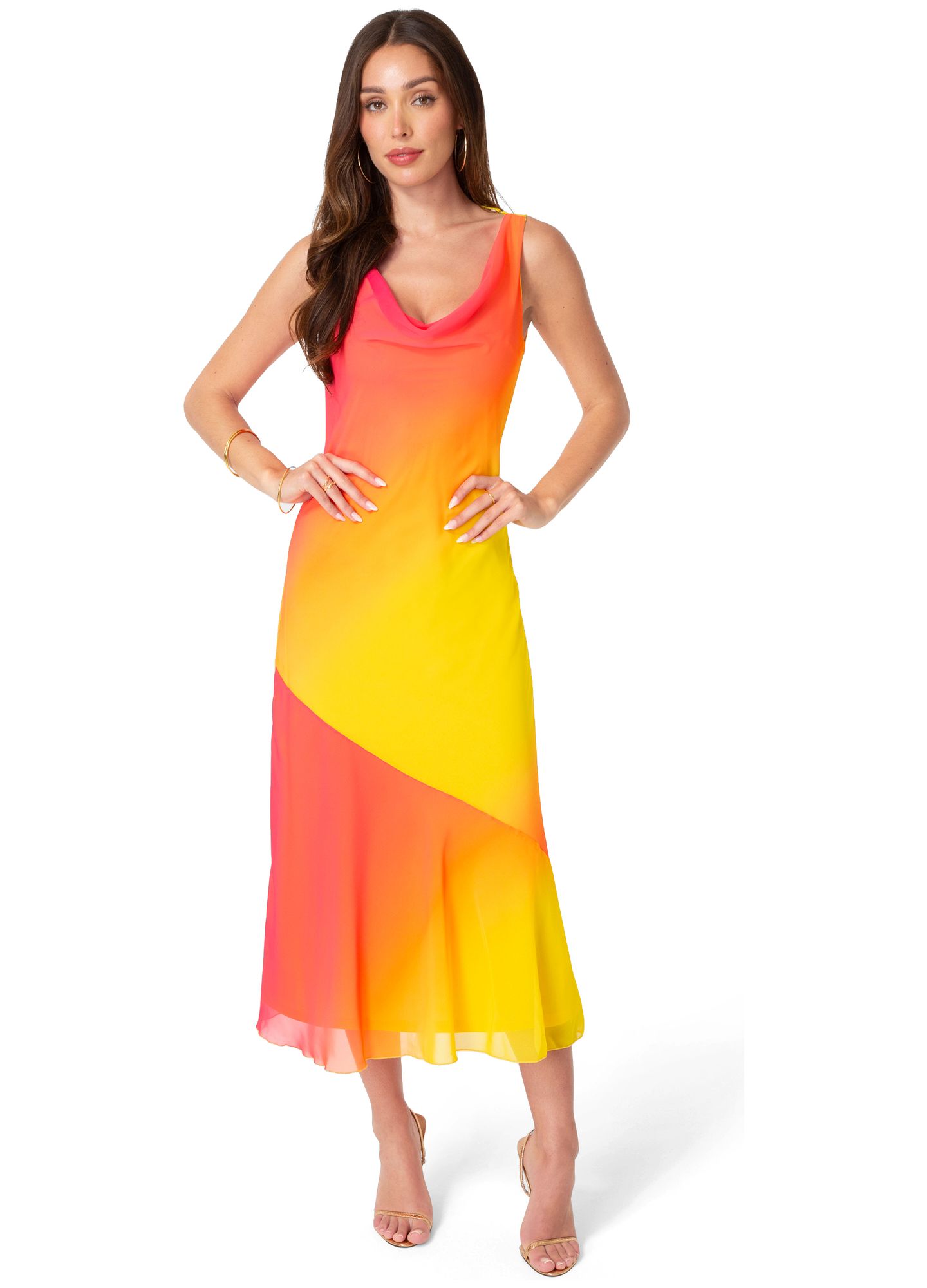 Женское платье Bebe Ombre Chiffon Cowl Maxi, цвет: Оранжевый фуксия — фото 1