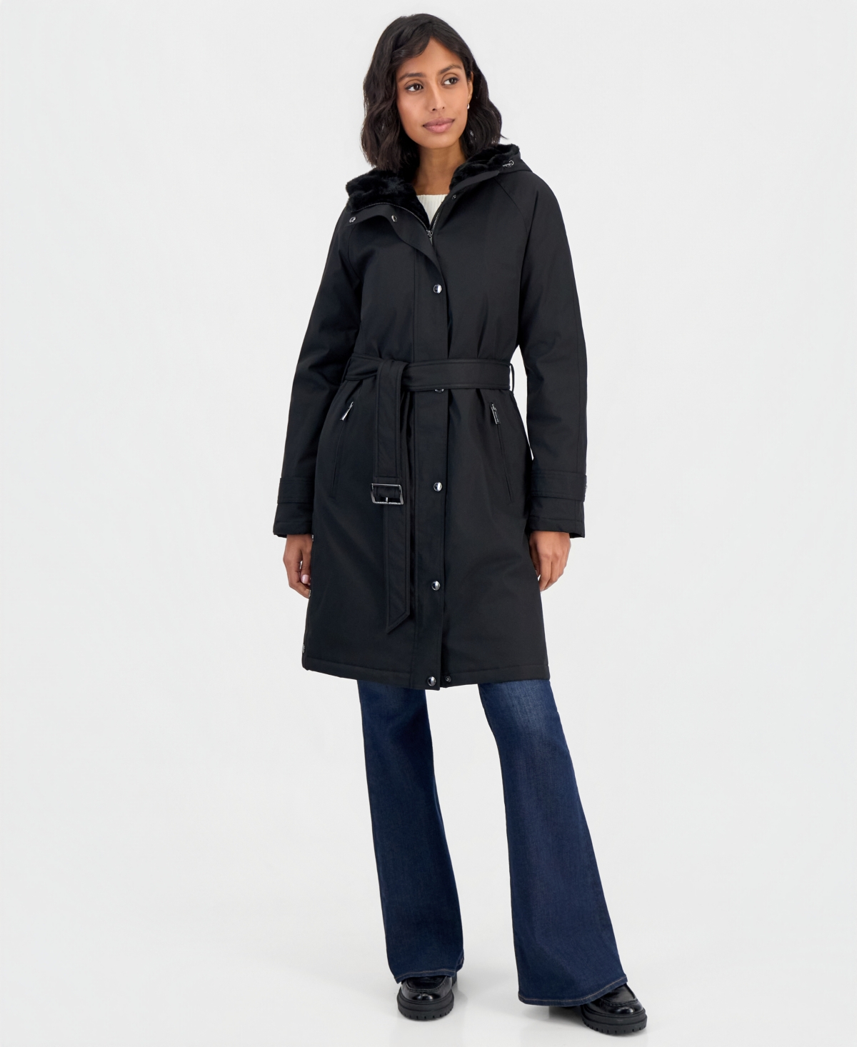 Michael Kors Women's Softshell Hooded Faux Fur Collar Coat, Created for Macy's