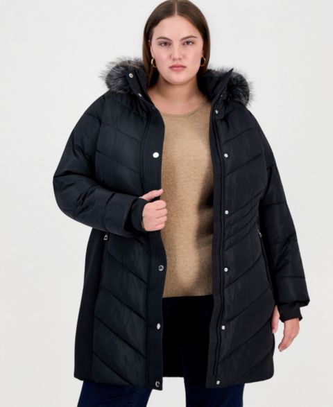 Женская куртка Michael Kors Plus Size Hooded Faux Fur Trim Puffer, цвет: Чёрный