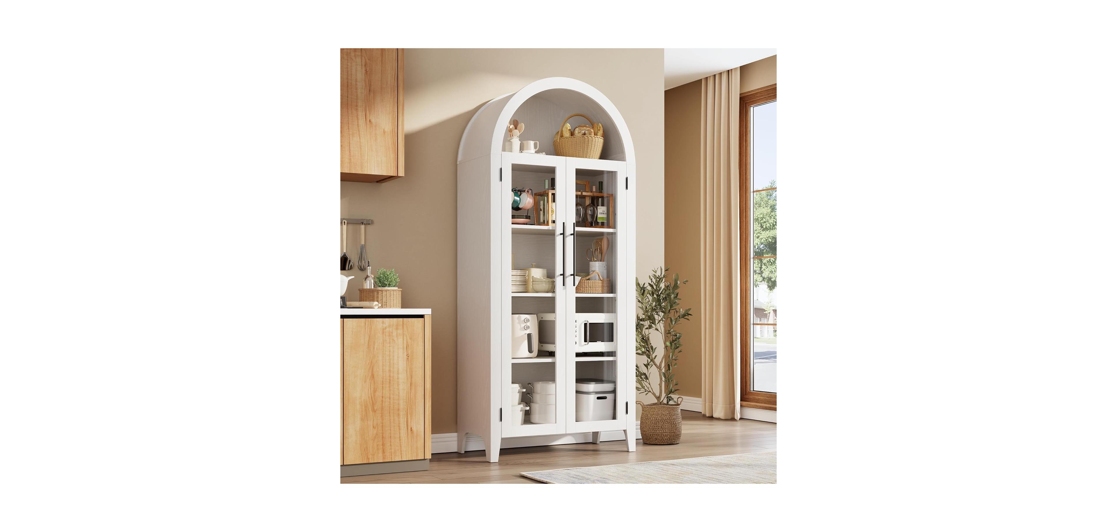 gaomon Tier Open Display Shelf with Glass Doors, Farmhouse Storage Cabinet for Kitchen