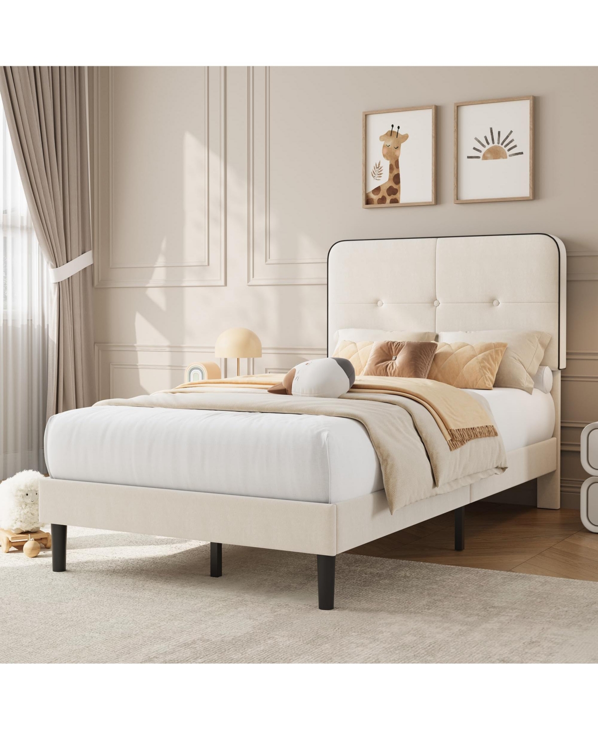 gaomon Velvet Upholstered Platform Bed, Bed Frame with Adjustable Headboard, Wooden Slat, No Box Spring Needed, Quick Assembly