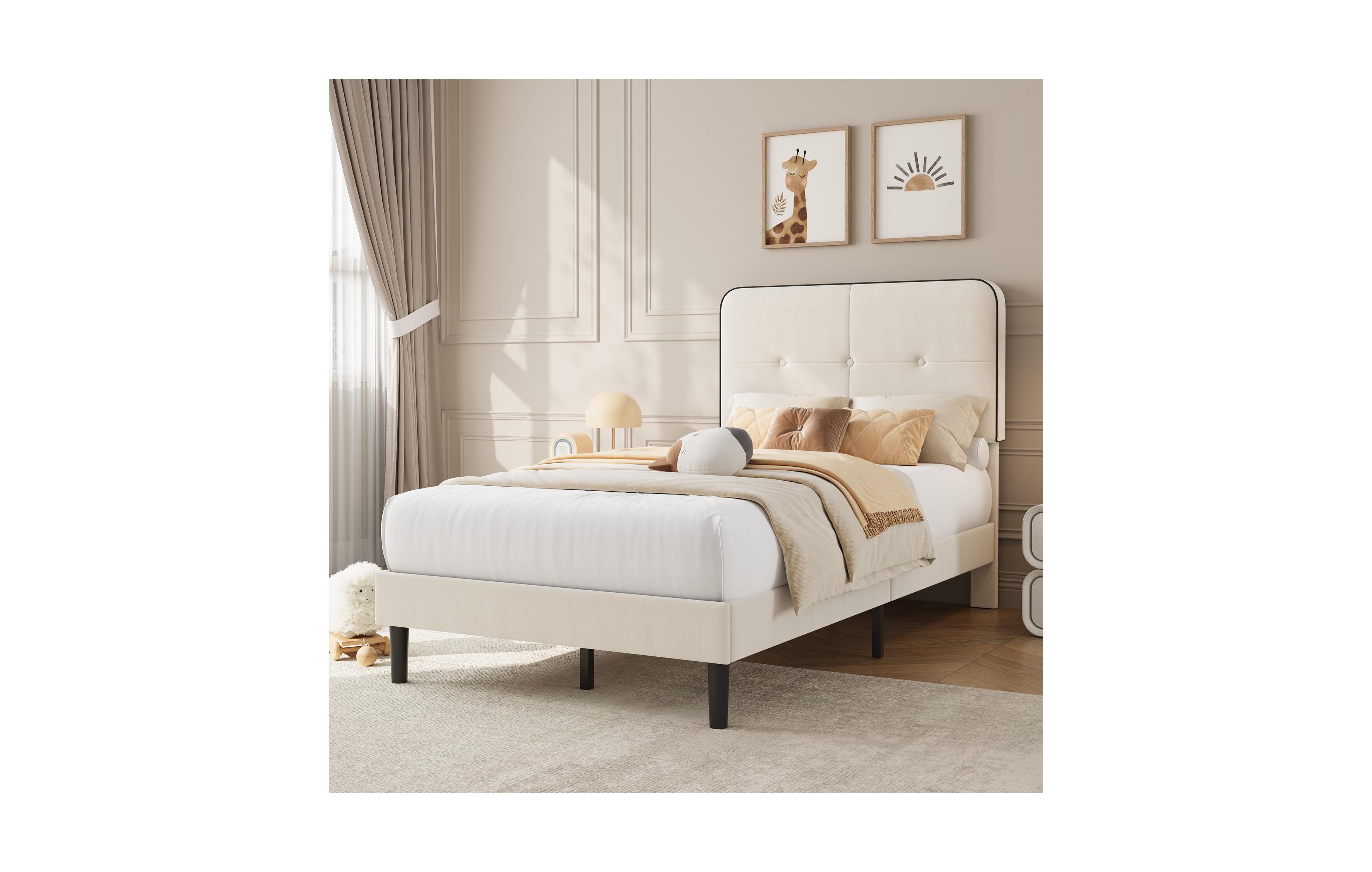 gaomon Velvet Upholstered Platform Bed, Bed Frame with Adjustable Headboard, Wooden Slat, No Box Spring Needed, Quick Assembly