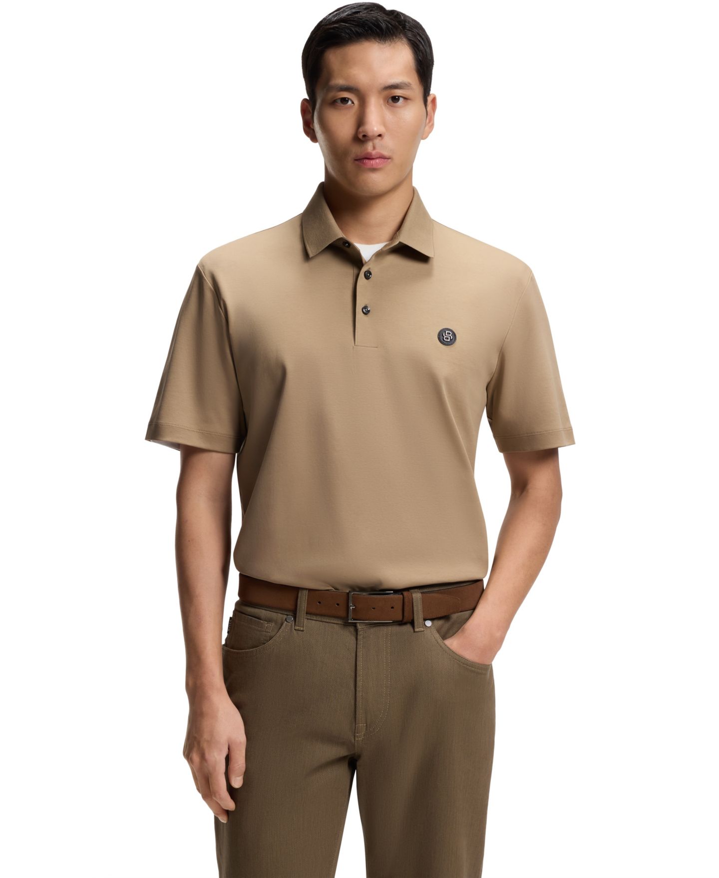 Мужское поло Hugo Boss Mercerized-Cotton Double B Monogram Polo Shirt, цвет: Тёмный бежевый — фото 1