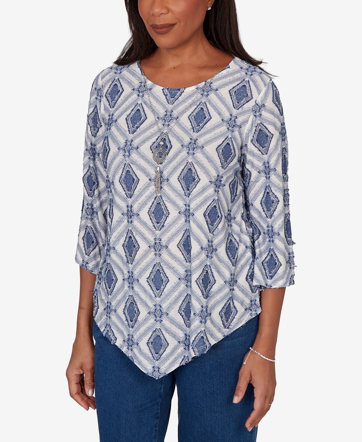 Alfred Dunner Women's Indigo Girls Diamond Textured Top with Necklace