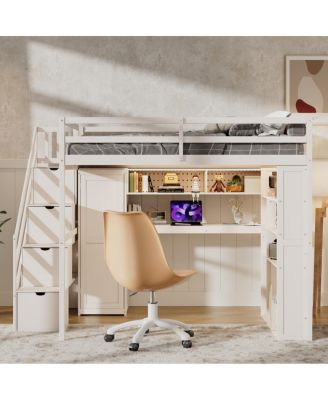 Full Loft Bed with Wardrobe, Desk, Shelves and Lights