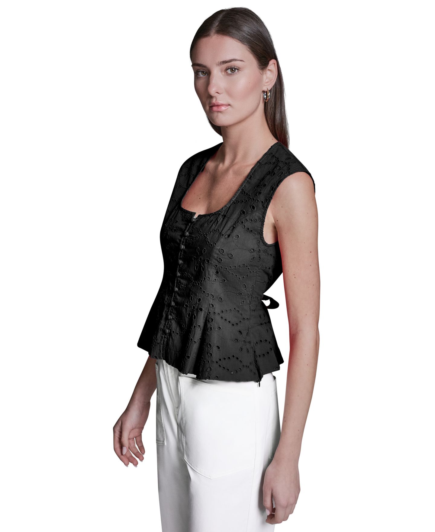Женский топ BCBG Eyelet Detail Sleeveless Square Neck Peplum, цвет: Чёрный — фото 3