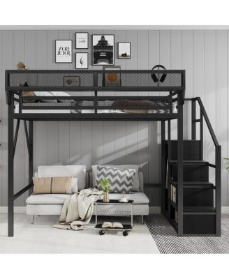  Full Size Metal Loft Bed with Stairs, Storage Shelves, and Wardrobe