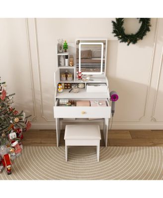 3-Color LED Vanity Mirror Table with Stool, 2 Drawers and 5 Storage Cabinets