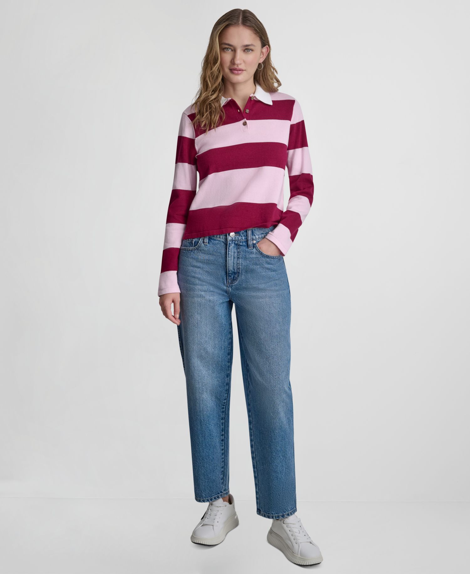 Women's Long-Sleeve Logo Charm Multi-Stripe Cotton Polo Sweater