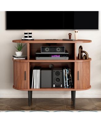 Mid-Century Round Record Player Stand with Charging Station
