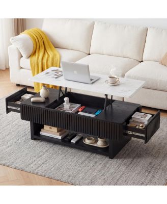 46.5" Lift Top Coffee Table with Drawer, Hidden Storage and Marble-Pattern Top