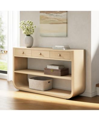 Modern Curved Console Table with 3 Drawers and 2 Shelves, Solid Wood Base