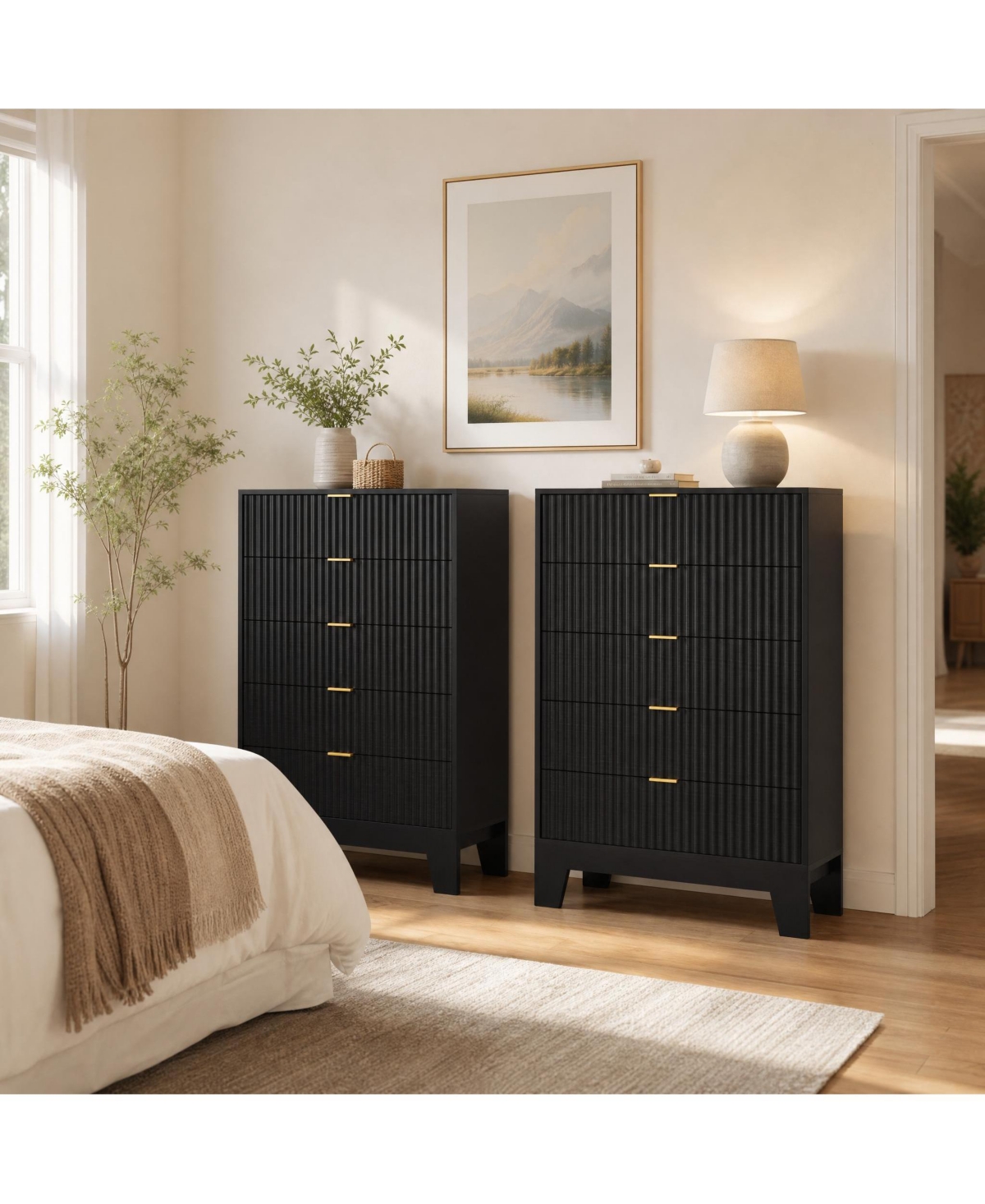 homfan 2 Set of 5 Drawer Dresser with Wave Pattern, Vertical Storage Tower with Gliding Drawers, Versatile Cabinet for Bedroom