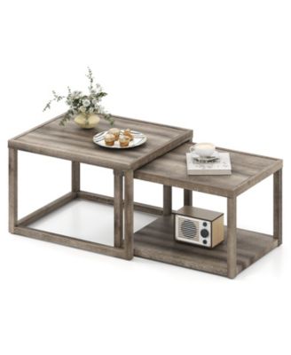 Nesting Coffee Table Set of 2 Stackable Rectangular End Tables With Storage Shelf