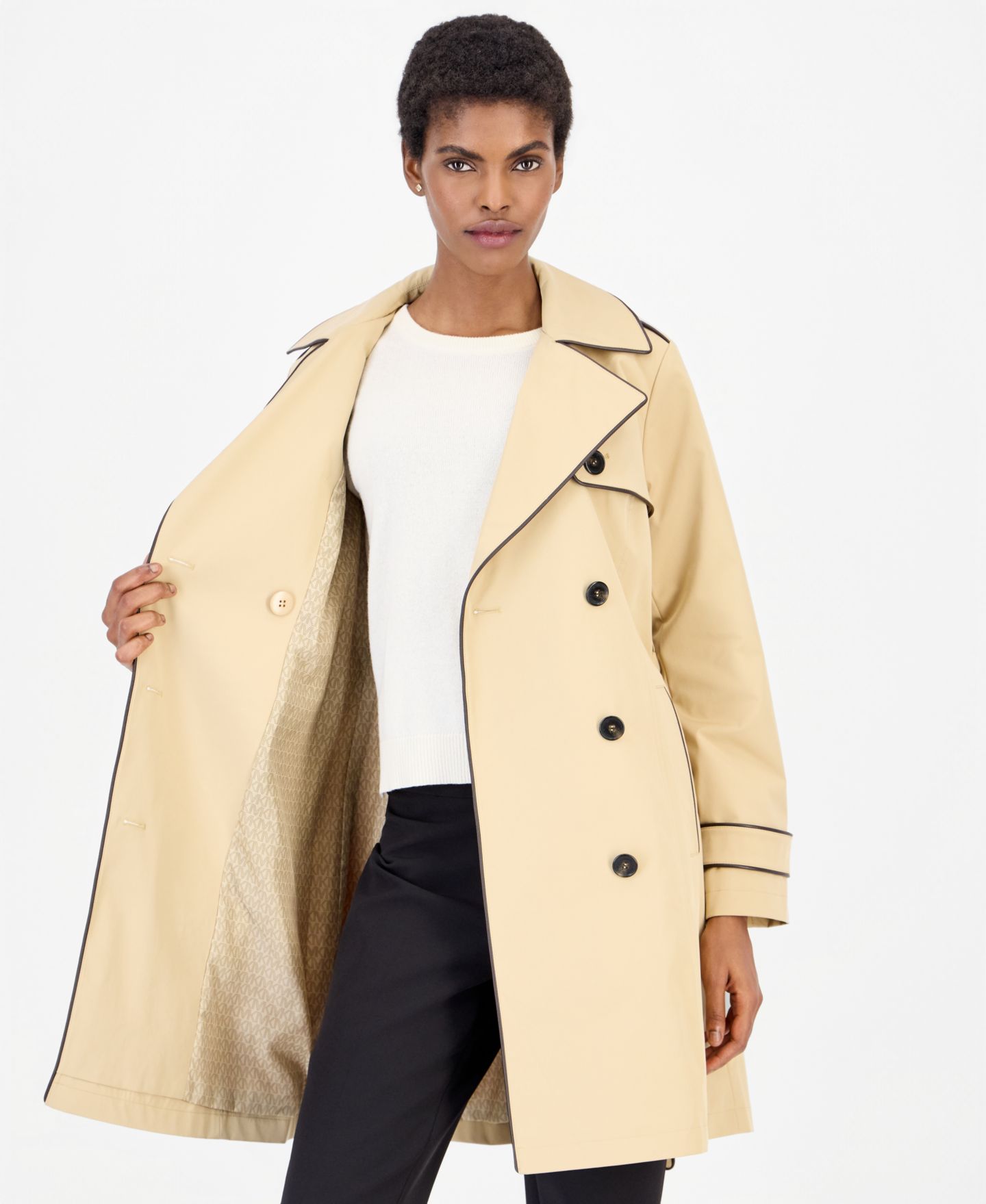 Женское пальто Michael Kors Faux Leather-Trim Button-Front Trench, цвет: Хаки — фото 4