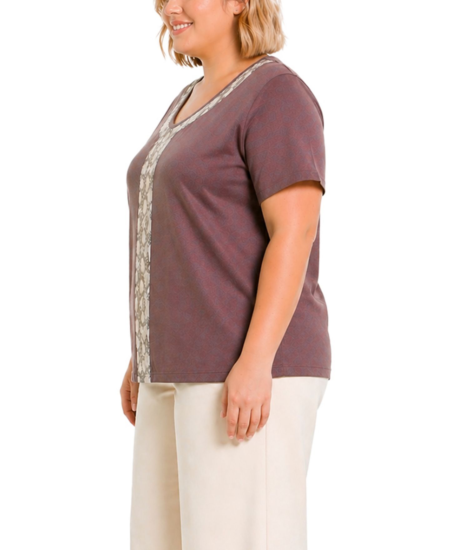 Женский топ COIN 1804 Plus Size Python Mesh Inset V-Neck, цвет: Розовато-лиловый — фото 4