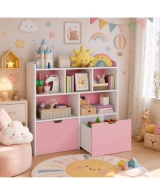 Multifunctional Toy Storage Organizer, Kids Bookshelf with 5 Storage Cubbies and 2 Drawers, Toy Chest for Playroom, Bedroom, Hallway, Classroom