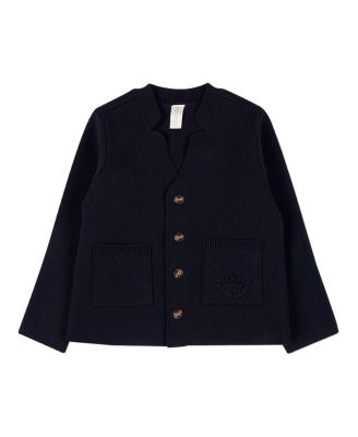 Little Girls 100% Cotton Knit 2-Pocket Button-Down Cardigan With Raised Crest