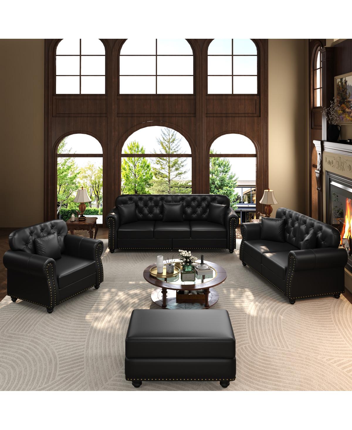 Streamdale Furniture Faux Leather Chesterfield Sofa with Nailhead Trim and 2 Pillows - Black