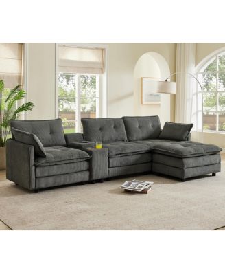 L-Shaped Corduroy Modular Sectional Sofa with Ottoman and Console