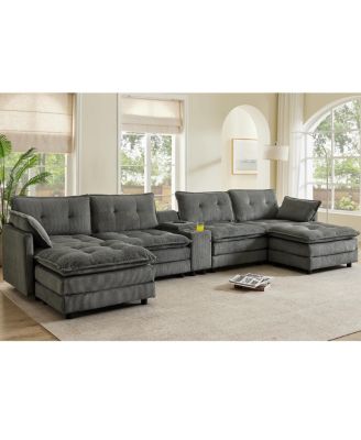 Modular U-Shaped Corduroy Sectional Sofa with Ottomans and USB