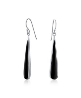 Simple Inlay Long Flat Teardrop Stone Dangle Drop Earrings .925 Sterling Silver