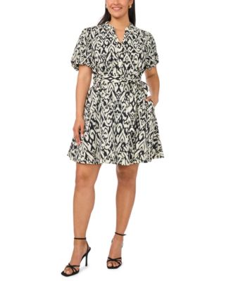Plus Size Puff-Sleeve Belted Mini Dress