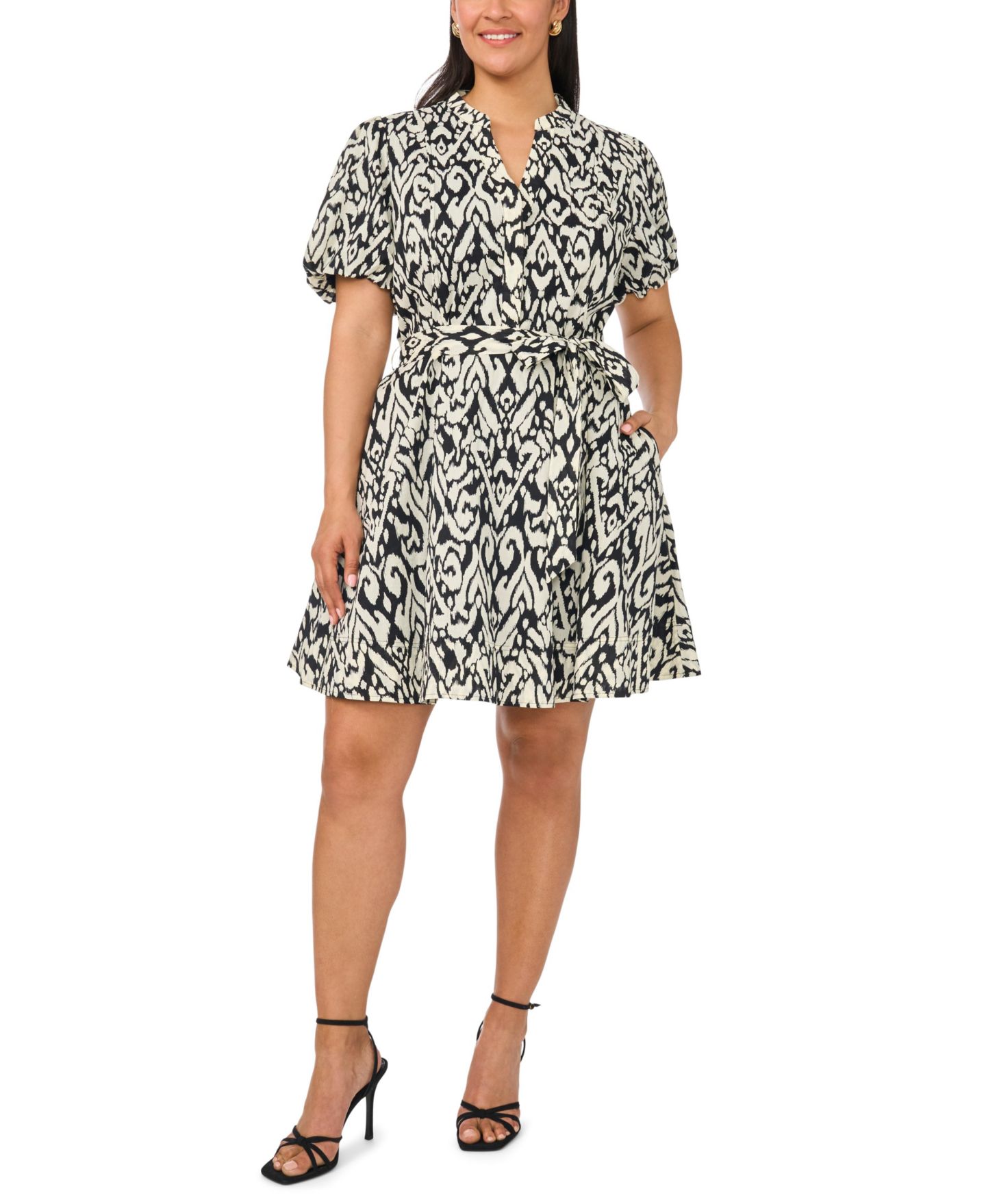Женское платье Vince Camuto Plus Size Puff-Sleeve Belted Mini, цвет: Насыщенный чёрный — фото 1