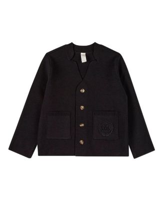 Little Girls 100% Cotton Knit 2-Pocket Button-Down Cardigan With Raised Crest