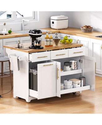  59.3 inch Rolling Kitchen Island with Drop Leaf, Storage, Power Outlet and Trash Bin