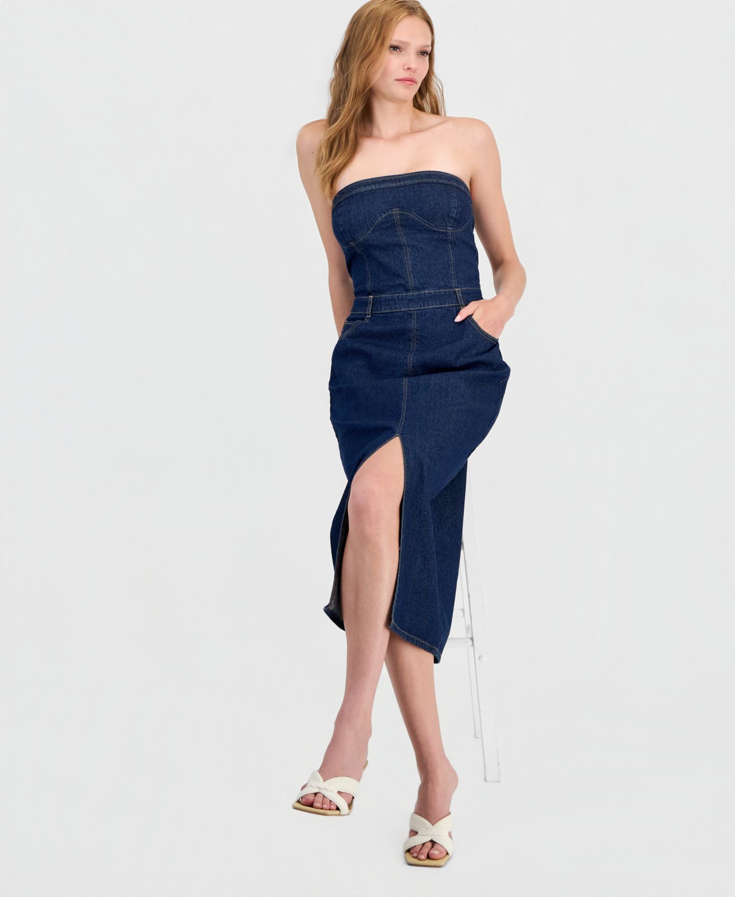 Женское платье Bar III Denim Strapless Corset Midi, цвет: Тёмная варка — фото 3