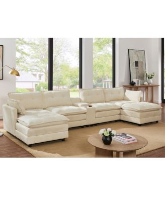 154" Modular U-Shaped Corduroy Sectional Sofa with Ottomans and USB