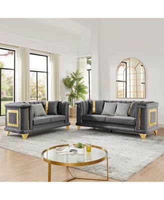 2 pieces Luxury Velvet Sofa Set with Gold Trim, 3-Seater and Loveseat