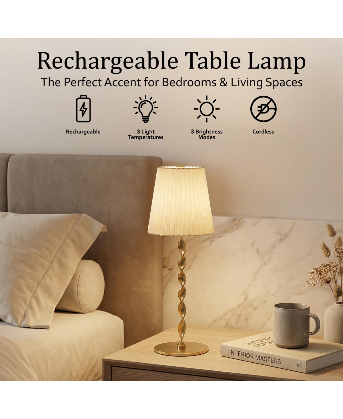 Bell + Howell Twisted Stem Pleated Shade Rechargeable Touch Control Led Dimmable Cordless Table Lamp