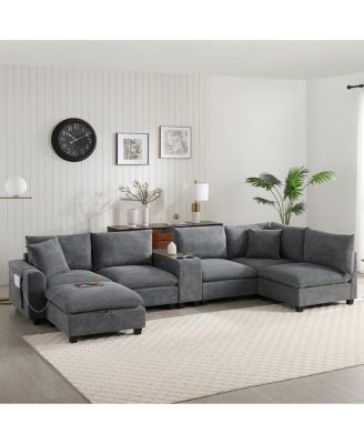 139'' U-Shaped Modular Corduroy Sectional Sofa with Storage and USB Charger