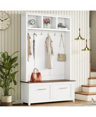 4-in-1 Hall Tree with Storage Bench, 6 Hooks, and 2 Drawers