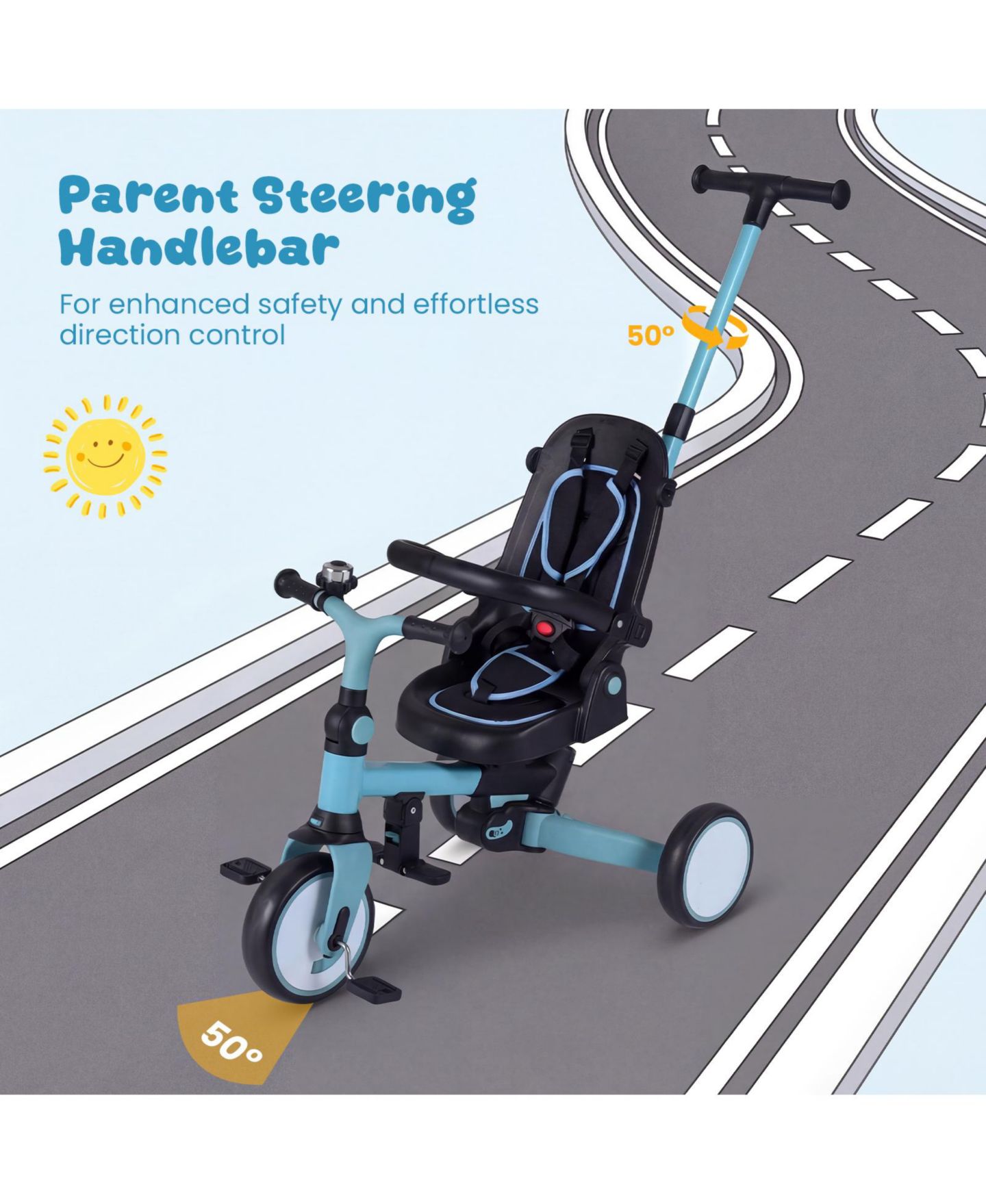 Детская игрушка Slickblue Toddler Tricycle 8-in-1 with Adjustable Push Handle, 55 lb. Capacity, Ages 1-6, цвет: Синий / Чёрный — фото 5
