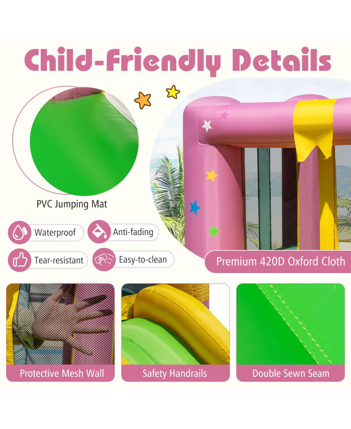 Детская игрушка Slickblue Party Inflatable Bounce House with Slide and 480W Blower, For up to 2 Players, Ages 3-12, цвет: Разноцветный — фото 8