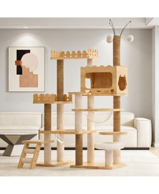 66.9" Modern Wood Cat Tree with Sisal Scratching Posts and Acrylic Hammock
