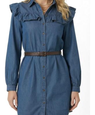 Women's Ruffled-Collar Belted Shirt Dress