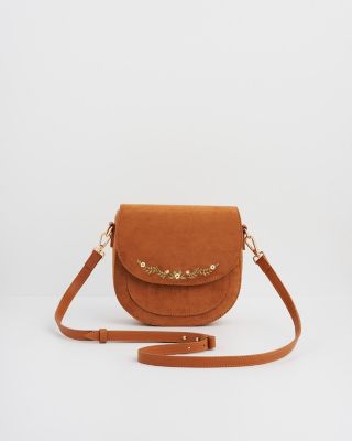 Women's Floral Faux Suede Embroidered Saddle Bag