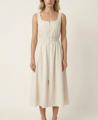Women's Sleeveless Smocked-Waist Front-Zip Slit Midi Dress